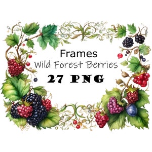 Forest Berries Fruits Border Vintage Frame Clipart PNG Woodland Berry Overlays Rustic Wedding DIY cards Vintage Foliage Frame PNG Printable