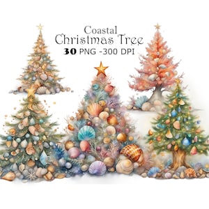 Coastal Christmas Tree Watercolor Clipart PNG Beach Christmas Tree Graphics Unique Festive Illustrations Digital Download Tropical Holiday