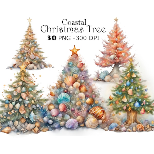 Coastal Christmas Tree Watercolor Clipart PNG Beach Christmas Tree Graphics Unique Festive Illustrations Digital Download Tropical Holiday