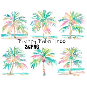 Preppy Palm Tree Watercolor Clipart PNG Pastel Tropical Palm Tree Graphics Transparent Background Digital Download DIY Cards Exotic Clipart