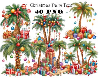 Palmera de acuarela navideña tropical, clipart PNG, palmera de playa, gráficos navideños, clipart de vacaciones ecuatoriales, Navidad en el paraíso PNG