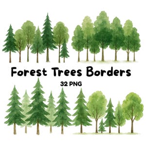 Bundle de cliparts de bordures d'arbres forestiers aquarelle PNG sur fond transparent, bordures de paysage boisé, téléchargement numérique, esthétique à feuilles persistantes