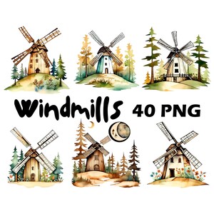 Holland Windmill Clipart Digital Download Rustic Watercolor Windmill Clipart Transparent Background Free Commercial Use Printable Windmill
