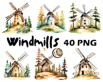Molino de viento holandés Clipart Descarga digital Molino de viento rústico de acuarela Clipart Fondo transparente Uso comercial gratuito Molino de viento imprimible