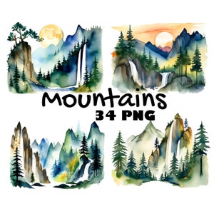 Aquarel bergbos clipart transparante achtergrond bos berg bij zonsondergang clipart PNG berg bij maanlicht clipart DIY Papercraft