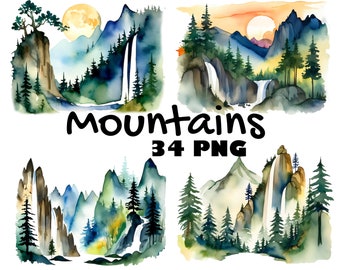 Watercolor Mountain Forest Clipart Sunset Landscape PNG Digital Download Mountain and Forest PNG Mountain River Waterfall Scenery