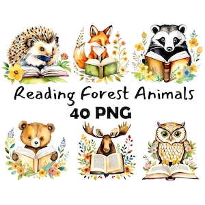 本を読んでいるかわいい森の動物たち 水彩画 クリップアート バンドル デジタル ダウンロード ファイル PNG 森の動物たち 子供向け教育用クリップアート