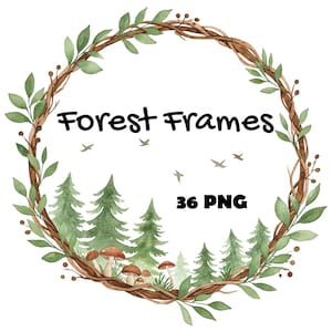 Op de afbeelding: Een krans van bruine wijnstokken en groene bladeren met een bos scène erin. De krans heeft kleine bruine bessen en de bos scène omvat groene bomen, bruine paddenstoelen en groen gras. De tekst "Forest Frames" en "36 PNG" staat in het midden van de krans.