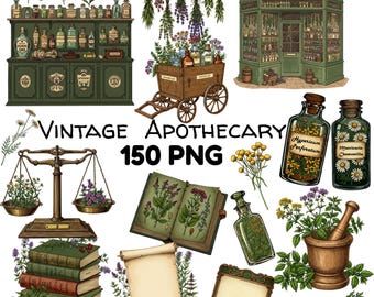 Vintage apotheker-clipartbundel: 150+ kruidkundige illustraties (digitale download)