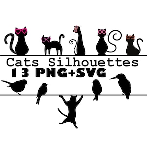 Ensemble de chats à la mode sur le fil à linge Silhouette PNG SVG Silhouettes de chats drôles Clipart de chat pour POD T-shirts Stickers Cartes de travaux manuels