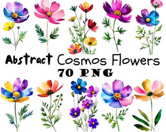 Cosmos Flower Abstract Watercolor Clipart PNG Digital Download Bundle Wildflowers Clipart Illustrations October Birth Month Flowers PNG