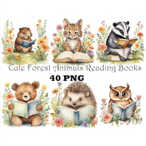 Simpatici animali della foresta che leggono libri Pacchetto di clipart ad acquerello Stampabile educativo floreale Animali della foresta Grafica gratuita per uso commerciale Clipart