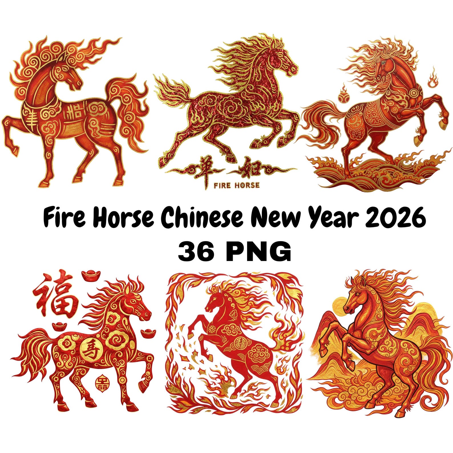 36 Fire Horse Chinese Zodiac Clipart PNG 2026 Year of the Horse Bundle ...