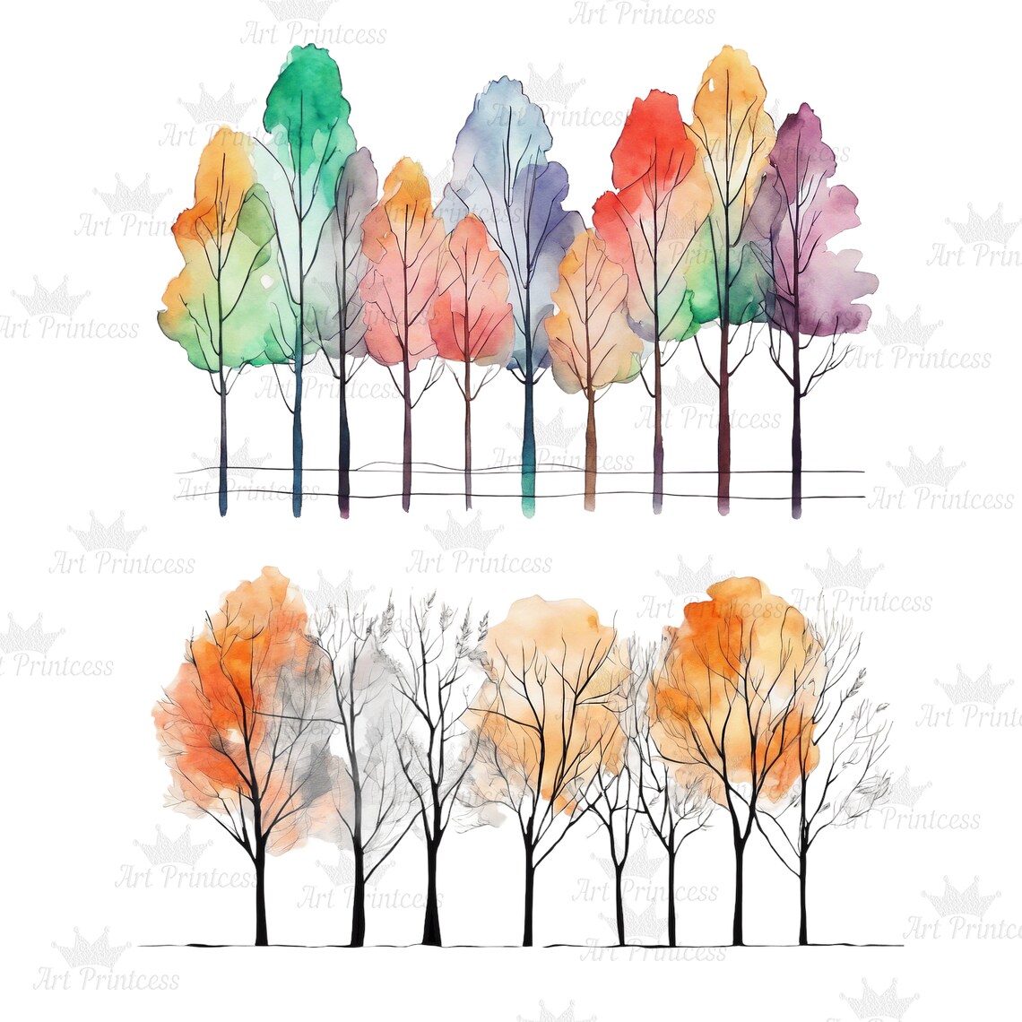 Tree Clutter Borders1 Minimalist Watercolor Tree Borders Clipart PNG Forest Trees Overlays ...