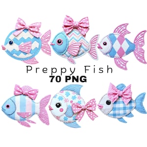 May include: Six digital fish illustrations featuring various patterns like chevron, argyle, stripes, and floral prints in shades of blue, white, and pink. Each fish is adorned with a pink polka-dot bow. The text reads Preppy Fish 70 PNG.