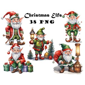 May include: Watercolor illustrations of Christmas elves in various poses. The elves wear red and green outfits with pointed hats and white beards. Some hold lanterns, gifts, or small Christmas trees. Text reads "Christmas Elves 38 PNG."