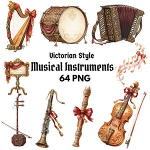 May include: A selection of Victorian-style musical instruments, such as a harp, drum, accordion, and violin. The instruments are adorned with gold detailing, red ribbons, and turquoise embellishments. The image includes the text "Victorian Style Musical Instruments 64 PNG."