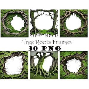 Árvores da floresta Raízes Musgo caprichoso Verde 3D Molduras de borda digital PNG Sobreposições de floresta rústica de floresta Clipart de toca de coelho Hobbit Clipart PNG