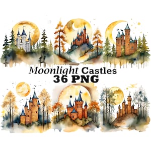 Stone Castles Clipart Watercolor PNGs Medieval Castles Illustration Castlecore Fantasy Dreamy Castle Art Night Castle with Moon Clipart