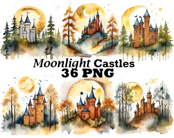 Aquarel maanlicht kastelen clipart, Fantasy Castlecore pngs digitale download Fantasy Dreamy Castle Art nacht kasteel met maan clipart