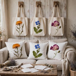 May include: Three off-white canvas tote bags and three matching square throw pillows, each featuring a botanical illustration of a flower. The designs include an orange marigold, a blue forget-me-not, and a purple poppy, all printed on fabric.
