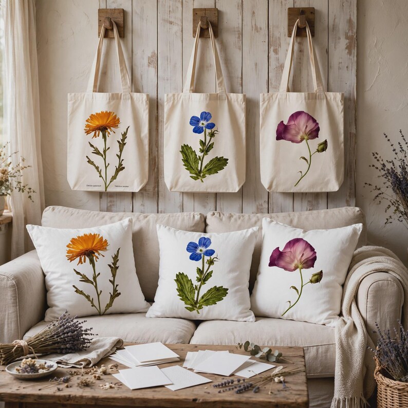 May include: Three off-white canvas tote bags and three matching square throw pillows, each featuring a botanical illustration of a flower. The designs include an orange marigold, a blue forget-me-not, and a purple poppy, all printed on fabric.