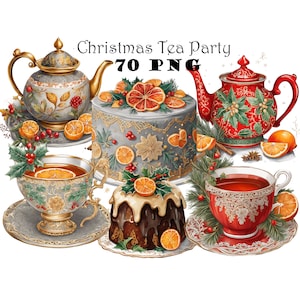 Clipart kersttheekransje | Feesttaart, png PNGEgg | Xmas Pudding Theepot | Feestelijk theekopje digitale kunst | Illustratie winterdessert