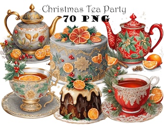 Clipart Tea Party de Noël | Gâteau des Fêtes PNG | Théière pour pudding de Noël | Art numérique festif | Illustration de dessert d'hiver