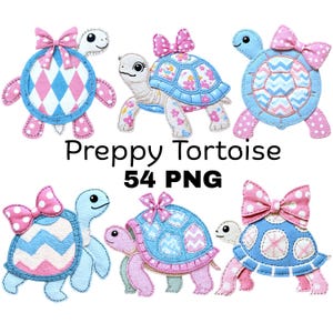 May include: Six digital illustrations of tortoises featuring pink and blue colour schemes with various patterns like polka dots, chevrons, and diamonds, each adorned with a bow. The text Preppy Tortoise 54 PNG is centred in the middle.