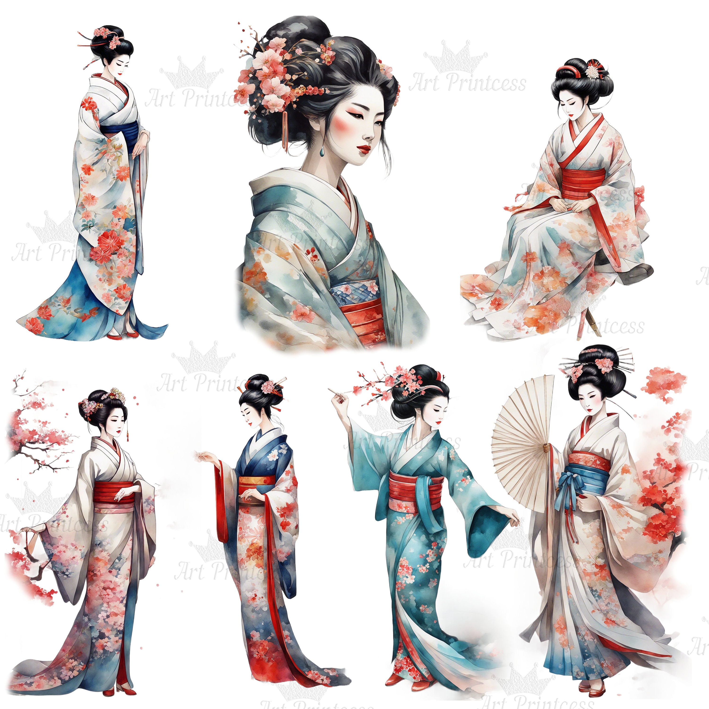 50 Geisha Watercolor Clipart PNG Traditional Japanese Geisha Watercolor ...