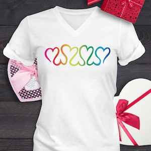 Rainbow Hearts Doodle V-Neck T-Shirt, Multi-color Repeating Hearts Unisex Short Sleeve TShirt, Colorful Hearts VNeck Tee