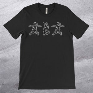 May include: Black t-shirt with a white geometric design of three bears doing yoga poses.