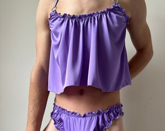 Soft Purple Satin- Silk Sleep Set For Sissy ,sissy sleepwear, Femboy Lingerie, Male Nightgowns,Sissy dress, Sissy Satin Dream Sleep Set