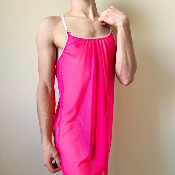 Pink Extra Soft See Through Mesh Crossdressing Nightgown Femboy Sissy Nightgown, Sissy Mesh Nightgown, Crossdresser Nightgown