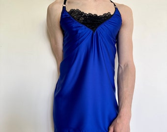 Sissy sleepwear Sissy dress Crossdresser Lingerie, Sissy Nightgown, Blue Satin- Silk Nightgown For Men, Male Nightgown