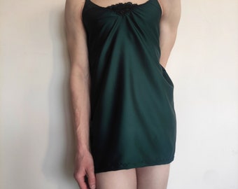 Dark Green Satin- Silk Crossdresser Nightgown With Satin- Silk Thong Femboy Green Sleepwear, Sissy Nightgown, Sissy Satin Nightgown