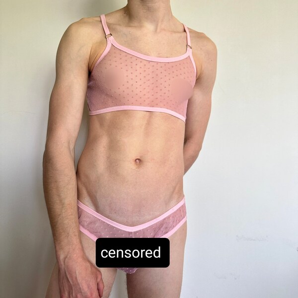 Cute And Sensual Mesh Set For Crossdresser Femboy Lingerie, Pink Mesh Set For Sissy, Mesh Bra, Sheer Mesh Set, Crossdresser Set