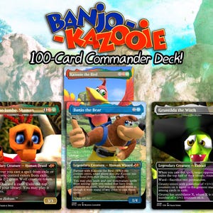 Op de afbeelding: Een 100-kaarten Commander deck met Banjo-Kazooie thema ruilkaarten. De kaarten tonen de personages Mumbo Jumbo, Banjo de beer met Kazooie de vogel, en Gruntilda de heks, elk met specifieke speltekst, manakosten en kracht- en taaiheidstatistieken.