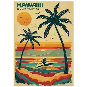 Vintage Hawaii zomervakantie reisposter - retro surfkunstprint - tropische zonsondergang muurdecoratie