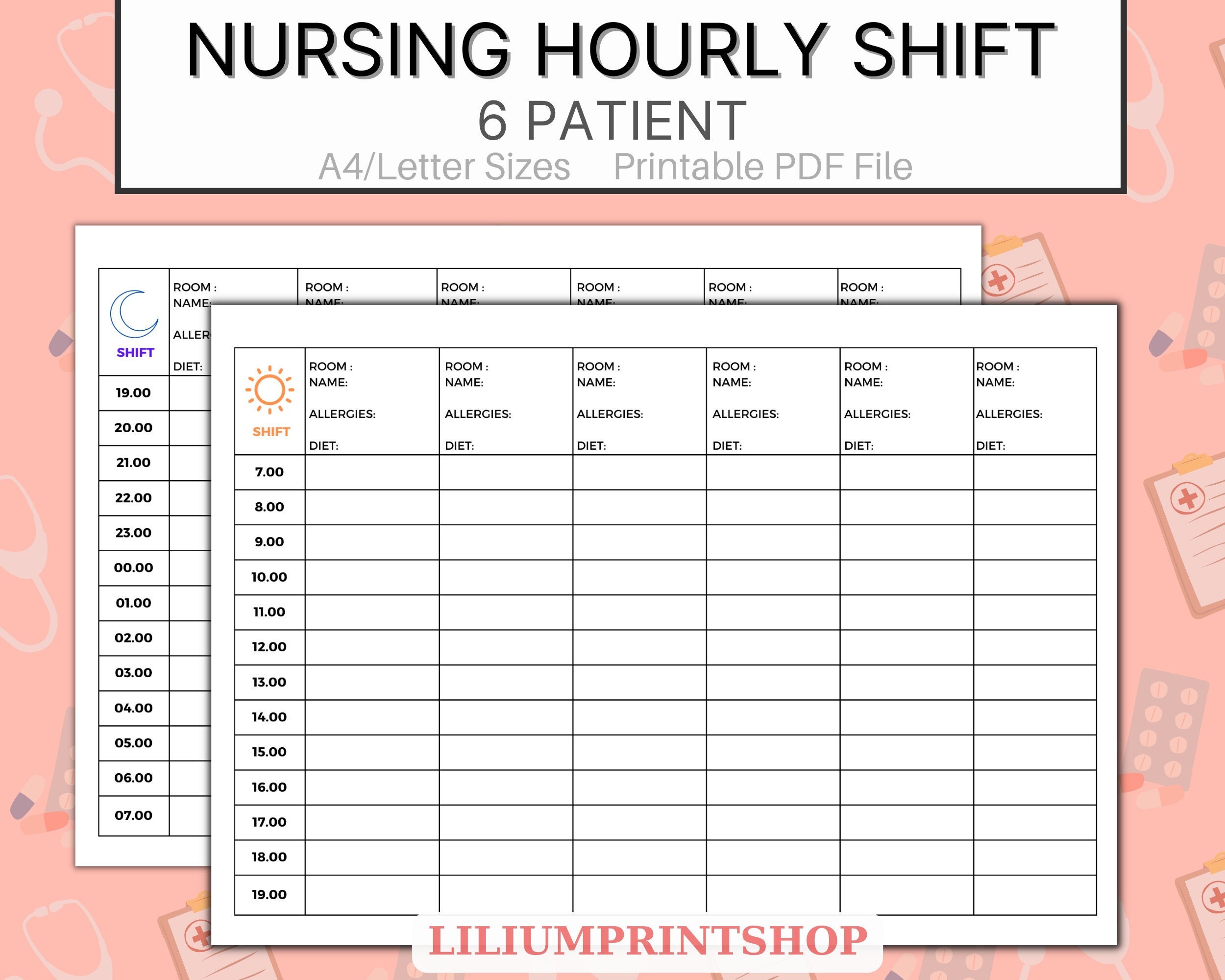 Nurse Hourly Todo Planner, 6 Patient Medication, Nursing Shift Planner
