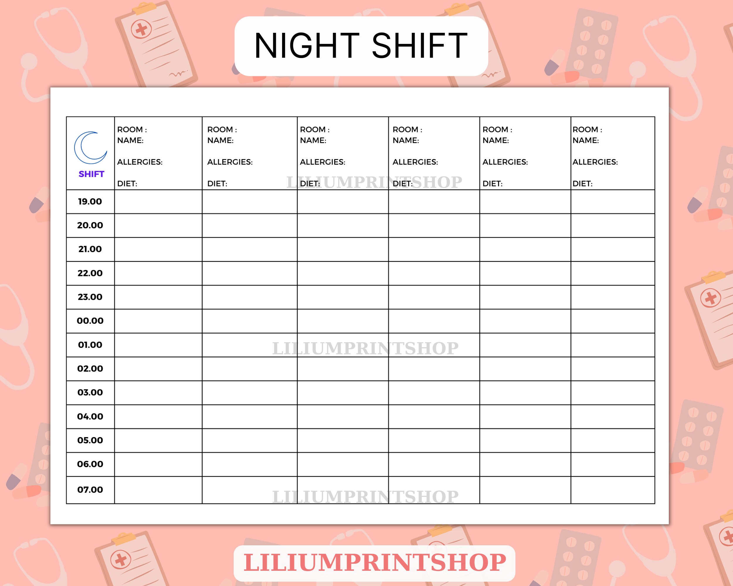 Nurse Hourly To-do Planner, 6 Patient Medication, Nursing Shift Planner, Day or Night Shift ...