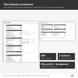 May include: A digital spreadsheet template titled Two-minute screeners for real estate analysis. It features a Quick Analysis tab for income properties and a Short-Term Analysis tab for flips, including IRR, 3 solvers, and flip profit calculations.