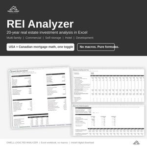 May include: A digital Excel spreadsheet tool titled REI Analyzer for 20-year real estate investment analysis. It features sections for multi-family, commercial, self-storage, hotel, and development properties with USA and Canadian mortgage math.