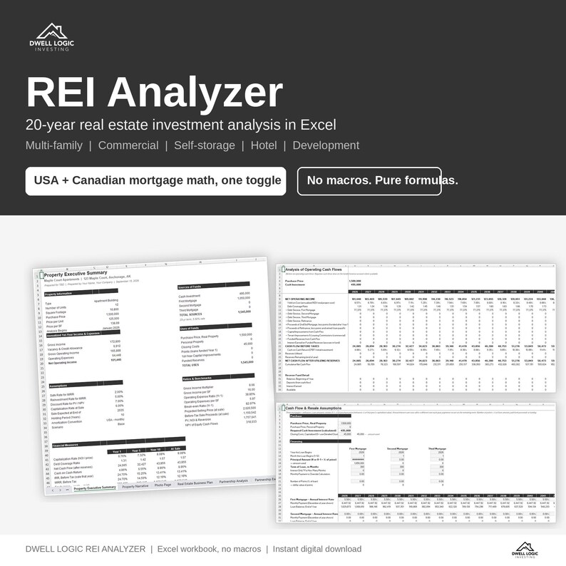 May include: A digital Excel spreadsheet tool titled REI Analyzer for 20-year real estate investment analysis. It features sections for multi-family, commercial, self-storage, hotel, and development properties with USA and Canadian mortgage math.