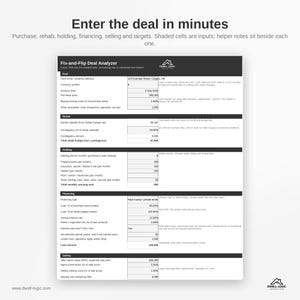 May include: A digital Fix-and-Flip Deal Analyzer spreadsheet template with black headers and white cells. It includes sections for Deal, Rehab, Holding, Financing, and Selling, with text reading Enter the deal in minutes and Dwell Logic Investing.