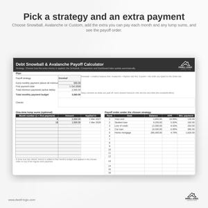 May include: A digital Debt Snowball & Avalanche Payoff Calculator spreadsheet interface. The layout includes sections for payoff strategy, extra monthly payments, one-time lump sums, and a table ranking debts by balance, APR, and minimum payment amounts.