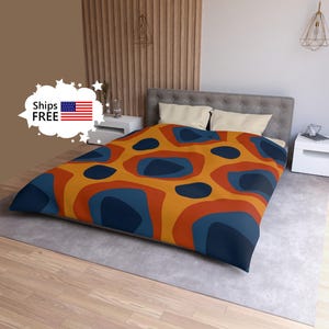 Mid Century Modern Duvet Cover PALM pattern orange and blue