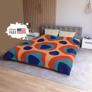 Mid Century Modern Duvet Cover OASIS pattern navy and red