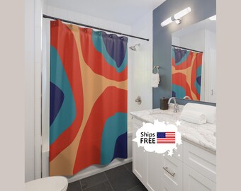 Cortina de ducha moderna de mediados de siglo OASIS azul marino y rojo