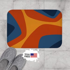 Mid Century Modern Bath Mat PALM orange and blue